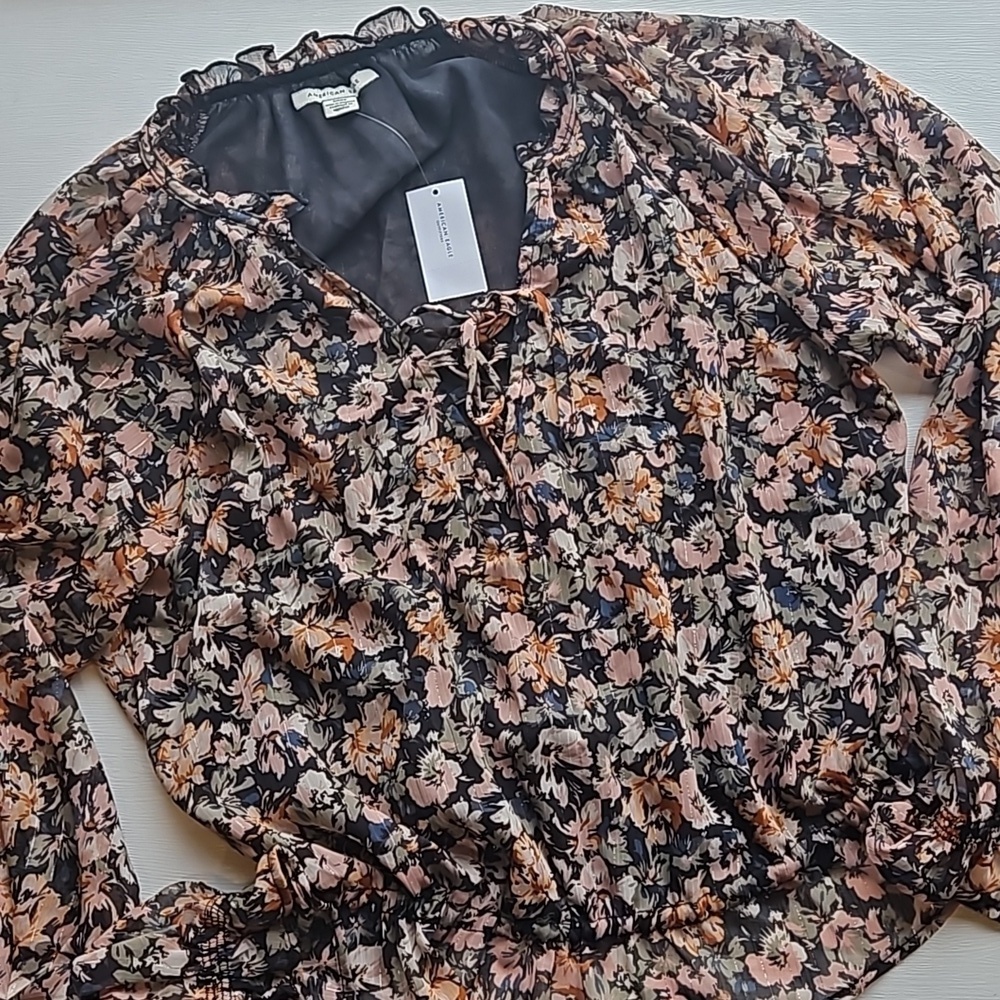 American Eagle Black Pastel Metallic Floral Ruffle Peasant Top S NWT